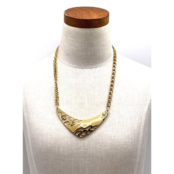Vintage Gold-Tone Bib Necklace With Intricate Cutout Design & Link Chain - Picture 2 of 6